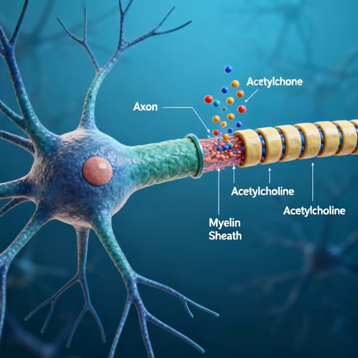 A medical illustration of a nerve cell (neuron) highlighting the protective myelin sheath wrapped around the axon, which is crucial for rapid signal transmission and supported by thiamine.