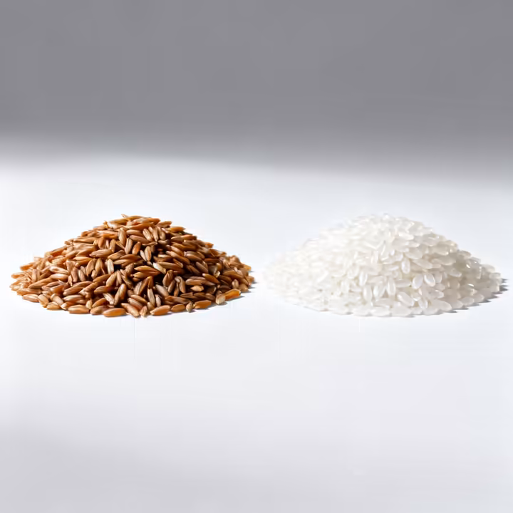 A side-by-side comparison showing a pile of dull, fibrous unpolished brown rice next to a pile of shiny, smooth polished white rice.