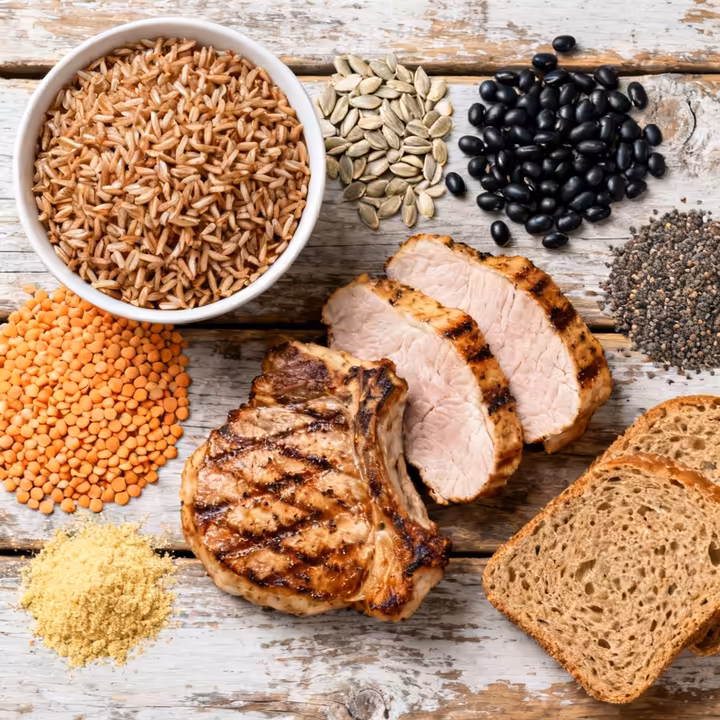 A vibrant assortment of thiamine-rich foods, including whole grains, pork, sunflower seeds, and legumes.