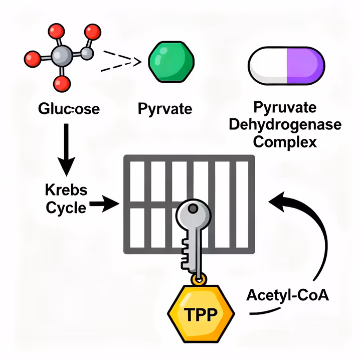 A simplified biochemical diagram illustrating how Thiamine Pyrophosphate (TPP) acts as a coenzyme for the pyruvate dehydrogenase complex, converting pyruvate to acetyl-CoA to enter the Krebs cycle for energy production.