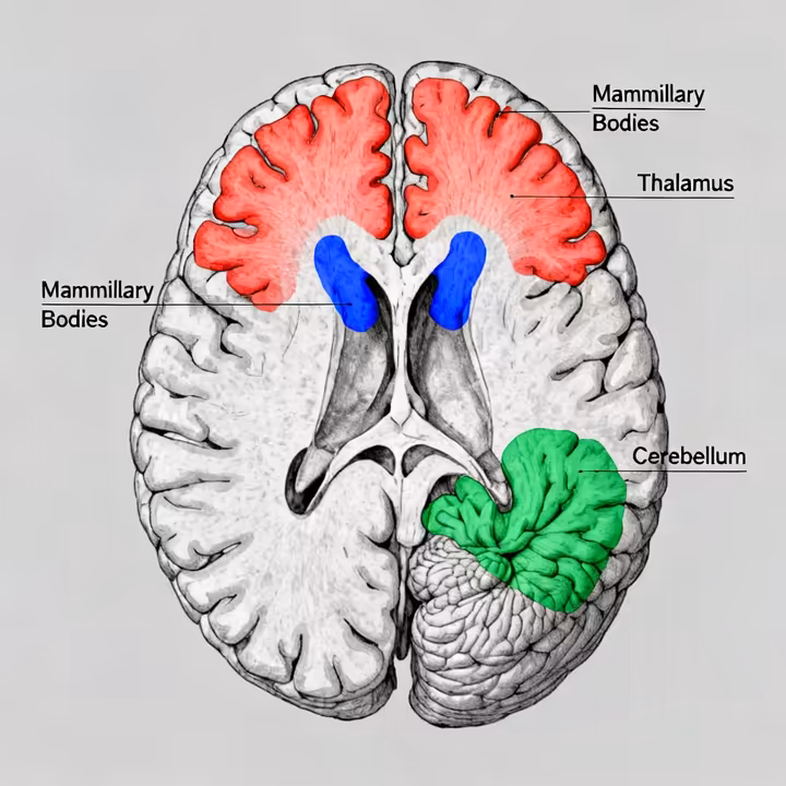 An illustrative diagram of the human brain with regions typically damaged by Wernicke-Korsakoff syndrome highlighted, such as the thalamus and mammillary bodies.