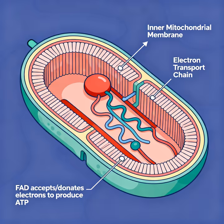 An educational diagram showing a mitochondrion and the role of FAD in the electron transport chain to produce ATP.