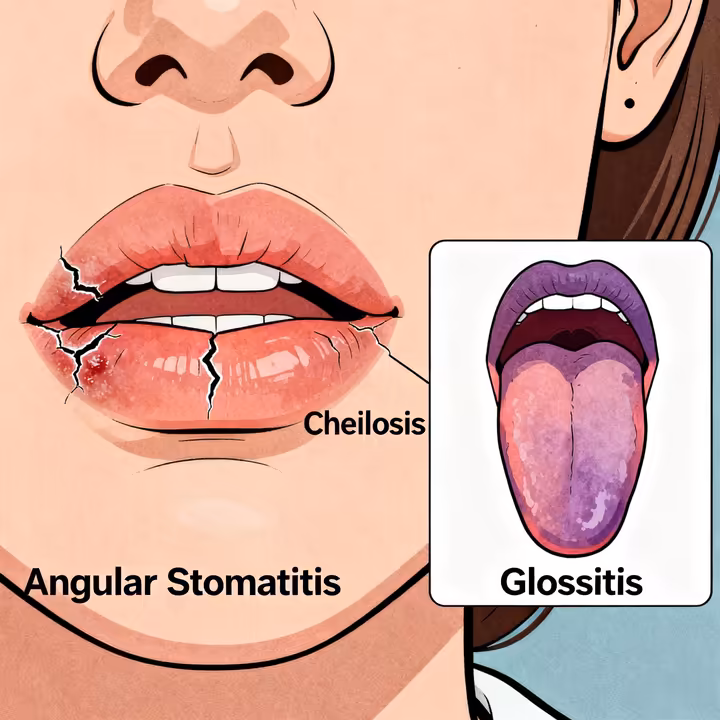 A medical illustration showing the common symptoms of riboflavin deficiency, such as angular stomatitis (cracks at the corners of the mouth) and glossitis (a swollen tongue).